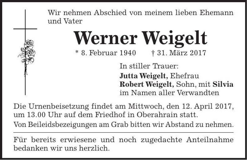 Traueranzeige Werner Weigelt