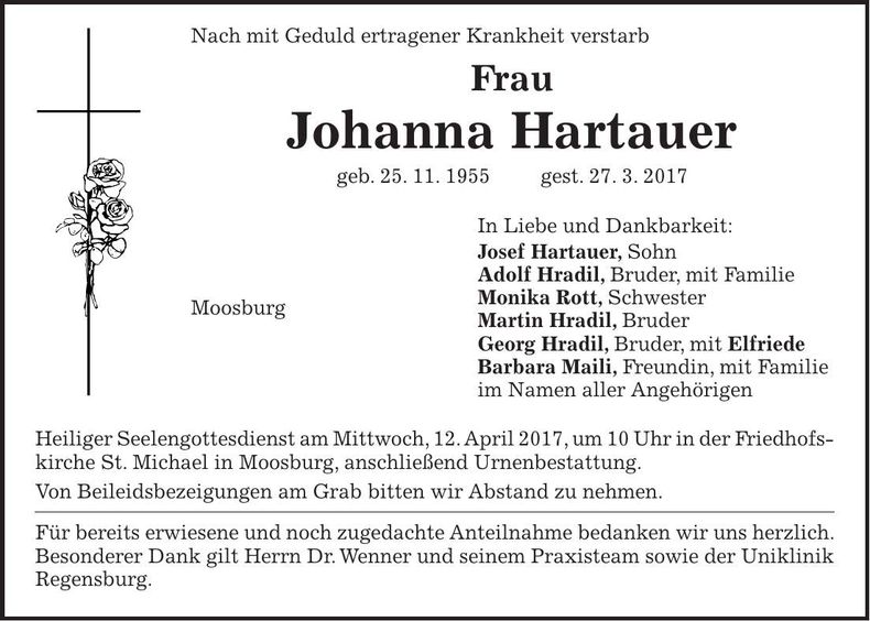 Traueranzeige Johanna Hartauer