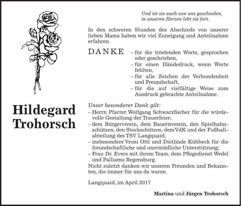 Traueranzeige Hildegard Trohorsch
