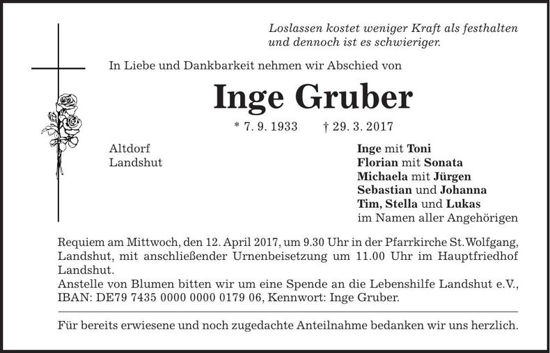 Traueranzeige Inge Gruber