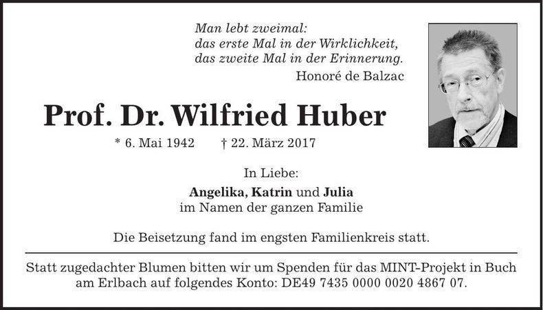Traueranzeige Wilfried Huber