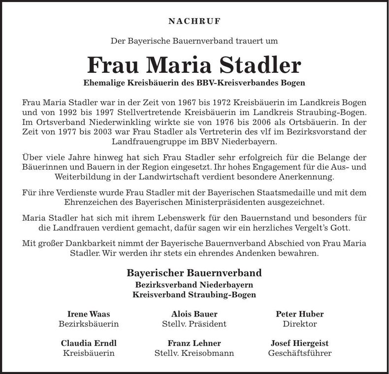Traueranzeige Maria Stadler