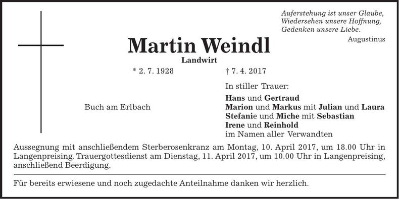 Traueranzeige Martin Weindl