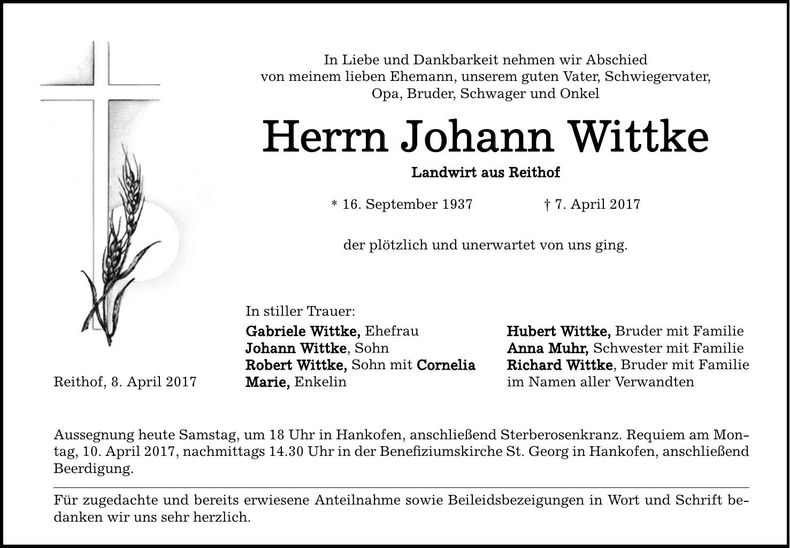 Traueranzeige Johann Wittke