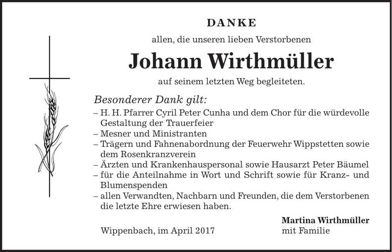 Traueranzeige Johann Wirthmüller