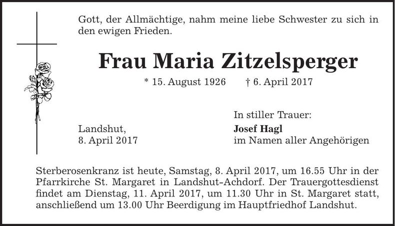 Traueranzeige Maria Zitzelsperger