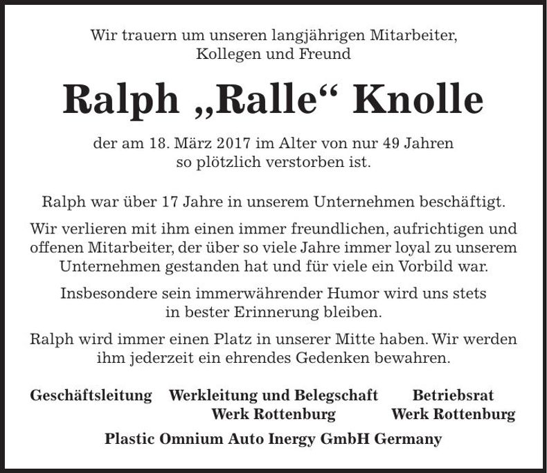 Traueranzeige Ralph Knolle