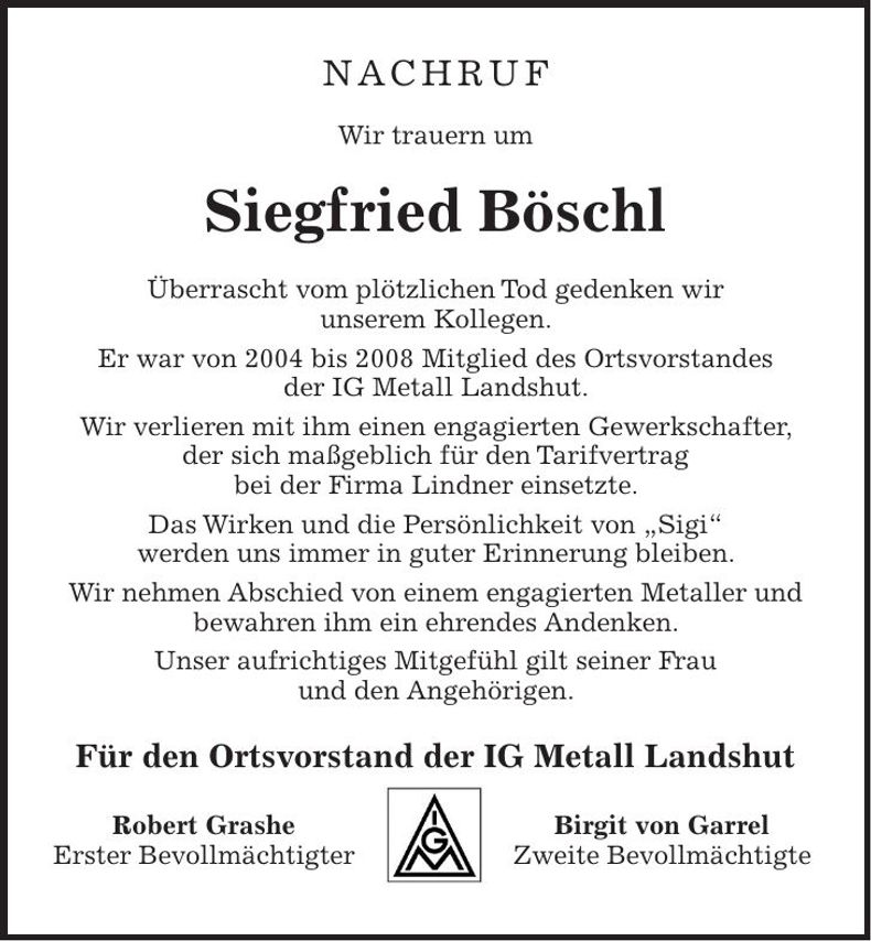 Traueranzeige Siegfried Böschl