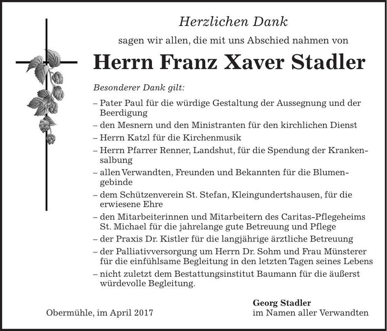 Traueranzeige Franz Xaver Stadler