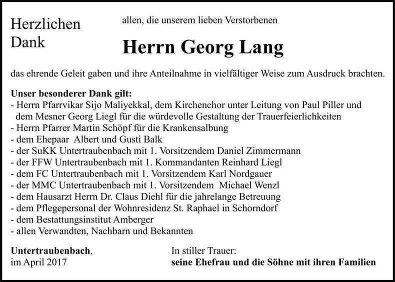 Traueranzeige Georg Lang
