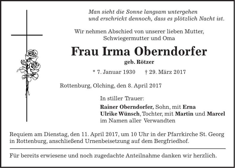 Traueranzeige Irma Oberndorfer