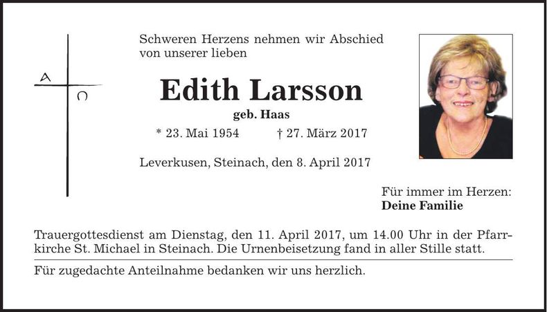 Traueranzeige Edith Larsson