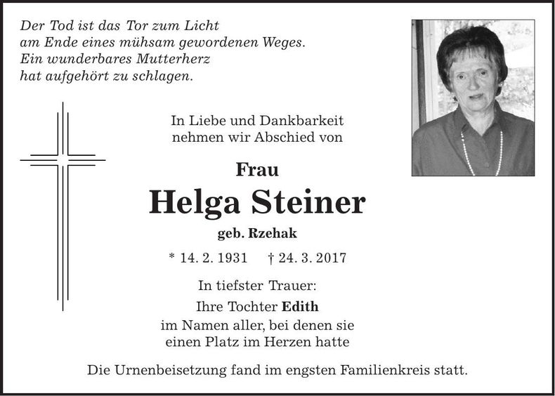 Traueranzeige Helga Steiner
