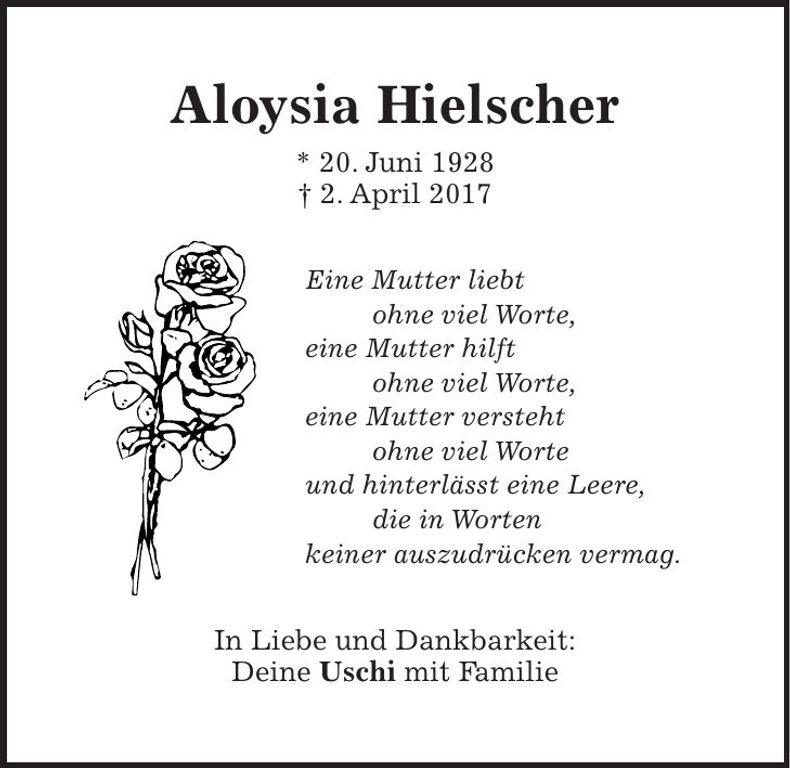 Traueranzeige Aloysia Hielscher