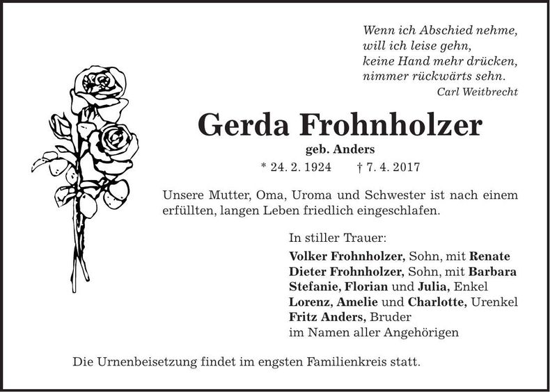 Traueranzeige Gerda Frohnholzer