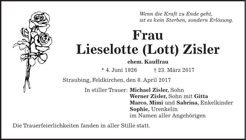 Traueranzeige Lieselotte Zisler