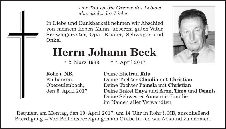 Traueranzeige Johann Beck