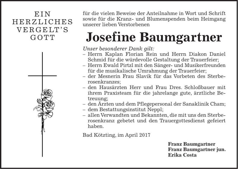 Traueranzeige Josefine Baumgartner