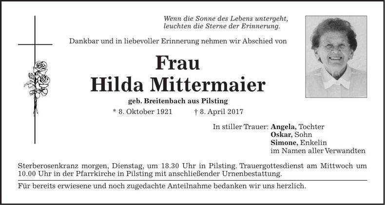 Traueranzeige Hilda Mittermaier