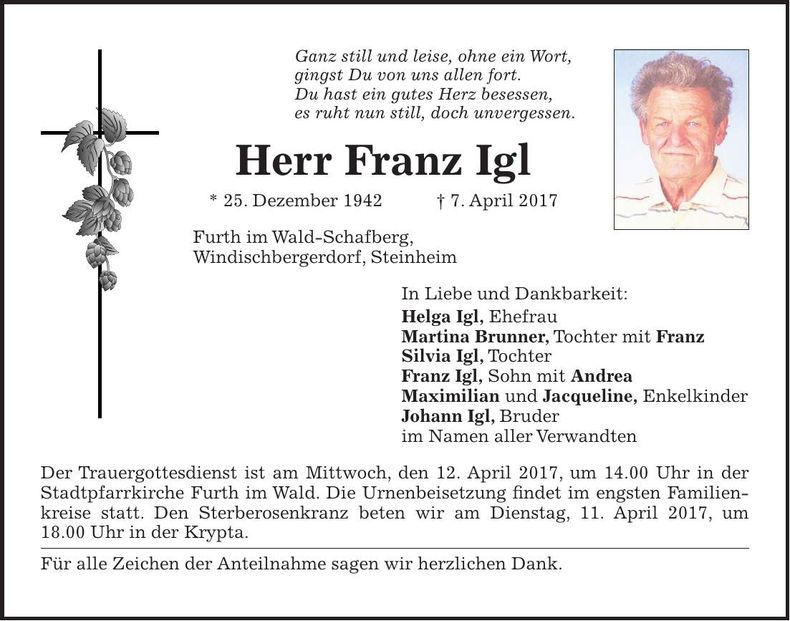 Traueranzeige Franz Igl