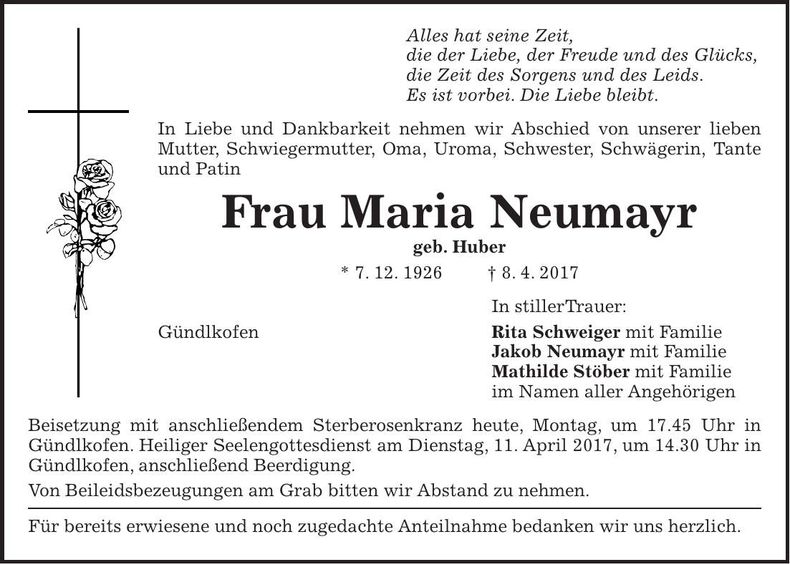 Traueranzeige Maria Neumayr