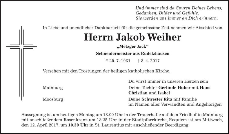Traueranzeige Jakob Weiher