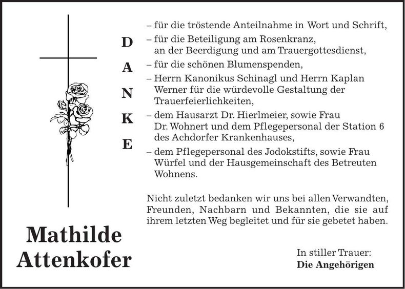 Traueranzeige Mathilde Attenkofer