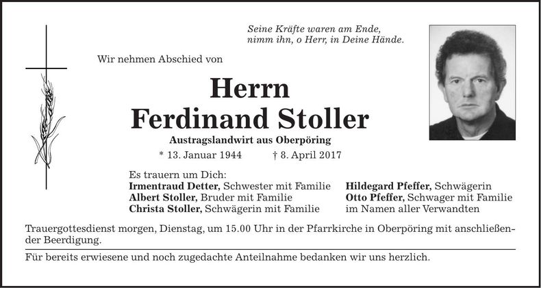 Traueranzeige Ferdinand Stoller