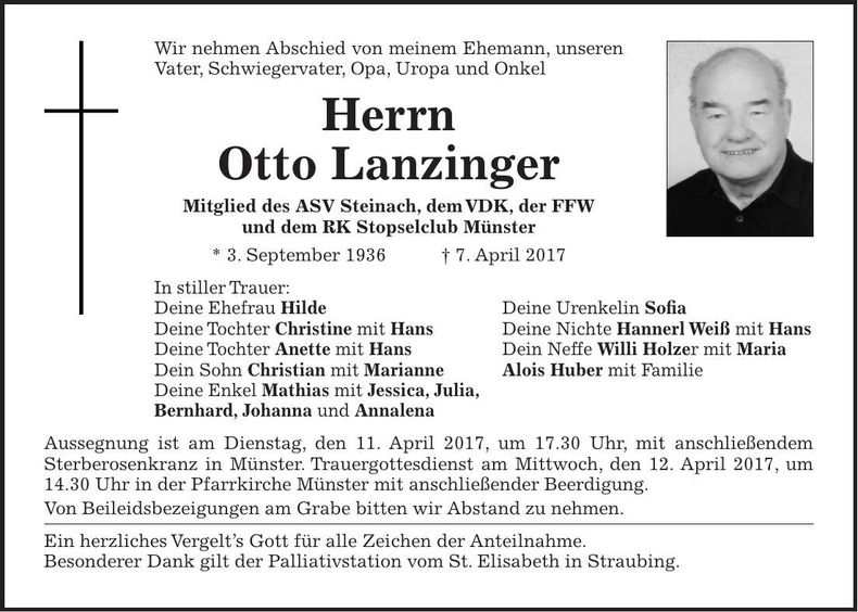 Traueranzeige Otto Lanzinger