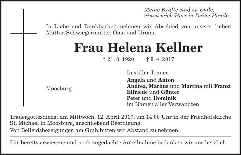 Traueranzeige Helena Kellner