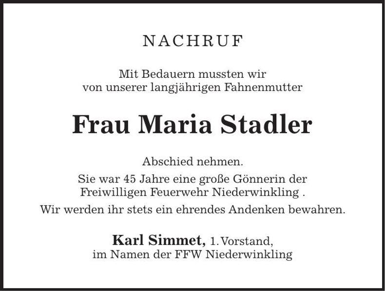 Traueranzeige Maria Stadler