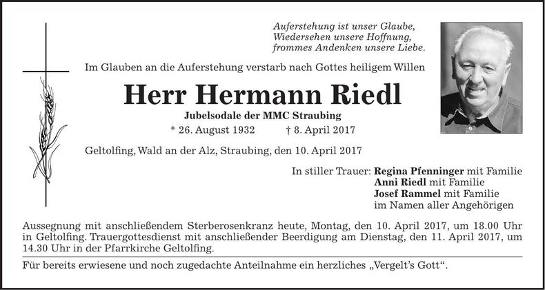 Traueranzeige Hermann Riedl