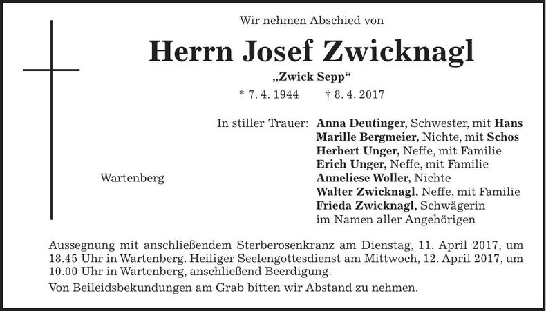 Traueranzeige Josef Zwicknagl