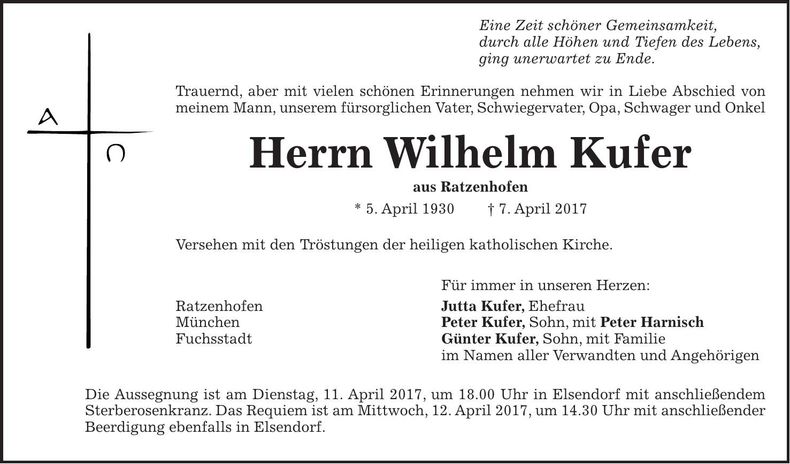 Traueranzeige Wilhelm Kufer