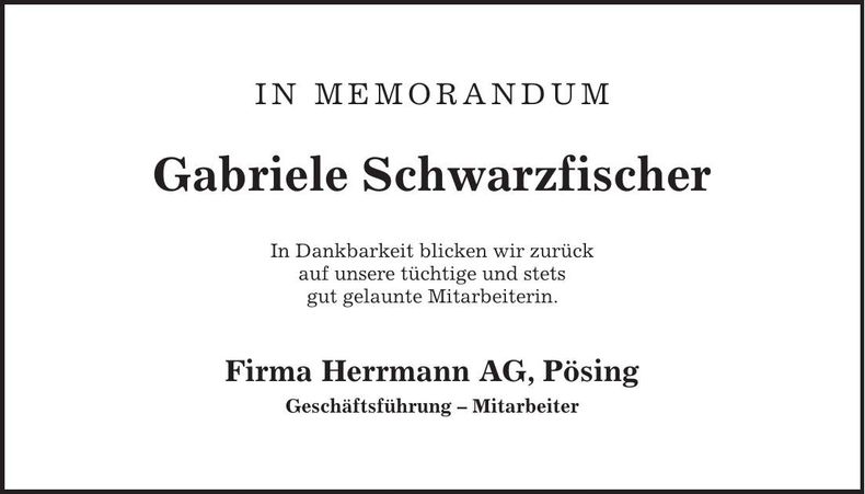 Traueranzeige Gabriele Schwarzfischer