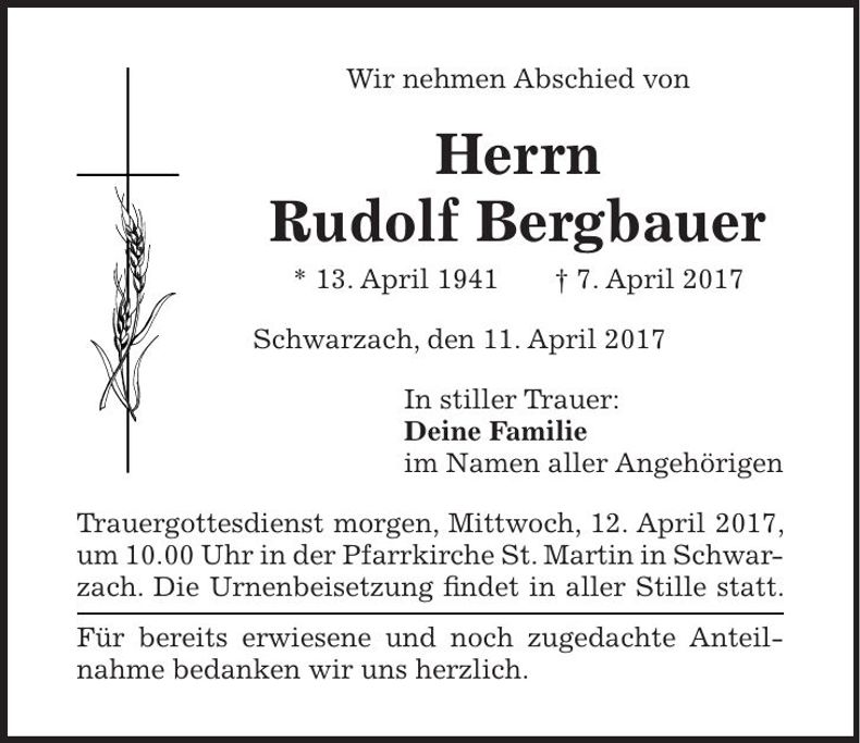 Traueranzeige Rudolf Bergbauer