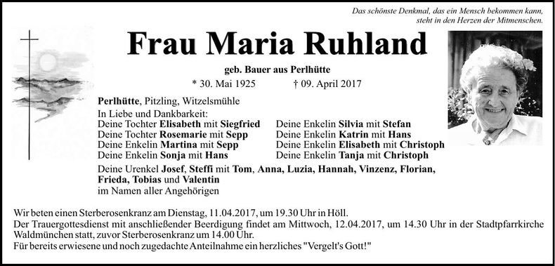 Traueranzeige Maria Ruhland