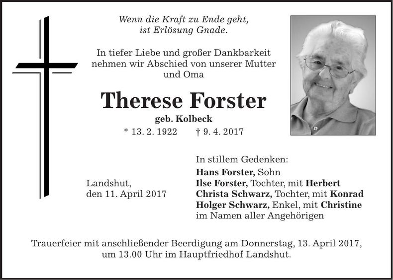 Traueranzeige Therese Forster
