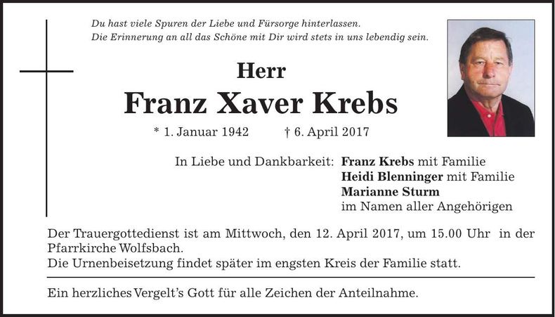 Traueranzeige Franz Xaver Krebs
