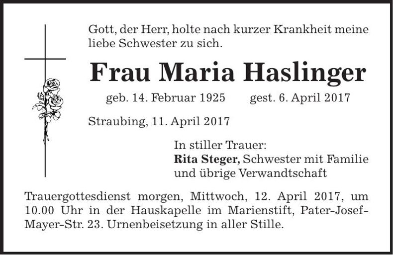 Traueranzeige Maria Haslinger