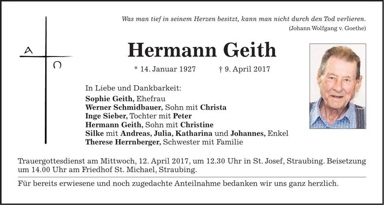Traueranzeige Hermann Geith