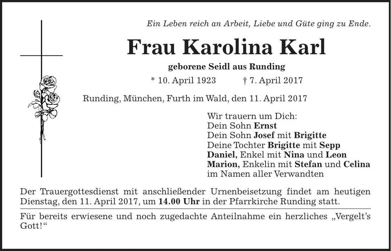 Traueranzeige Karolina Karl