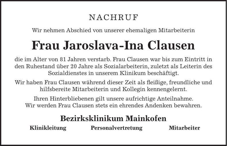 Traueranzeige Jaroslava-Ina Clausen