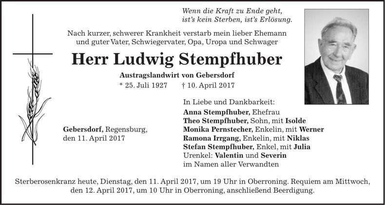 Traueranzeige Ludwig Stempfhuber