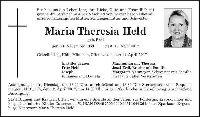 Traueranzeige Maria Theresia Held