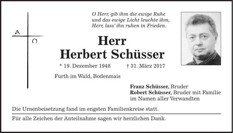 Traueranzeige Herbert Schüsser