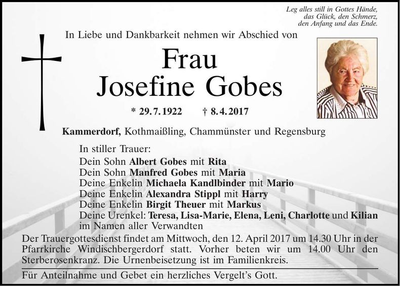 Traueranzeige Josefine Gobes