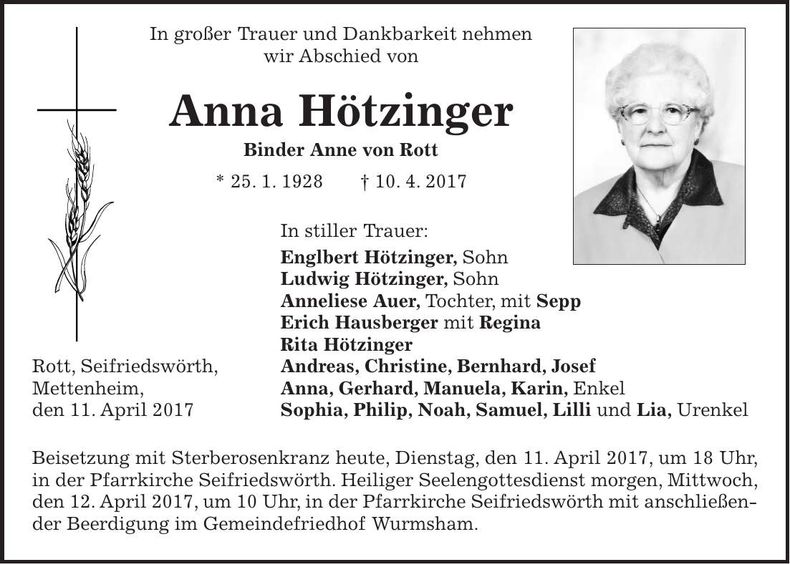 Traueranzeige Anna Hötzinger