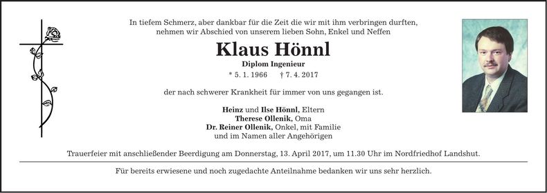 Traueranzeige Klaus Hönnl