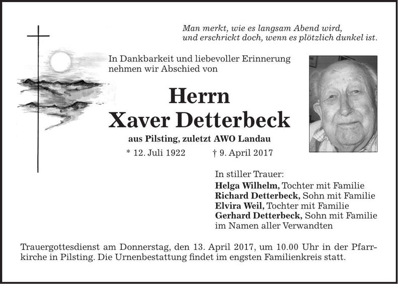 Traueranzeige Xaver Detterbeck